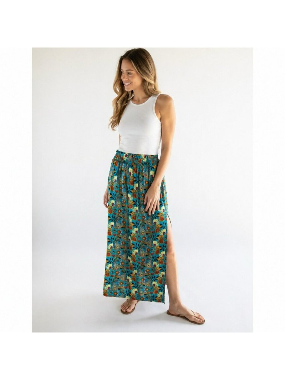 Natural Life Addie Smocked Waist Midi Skirt In Blue Marigold Floral Size Small